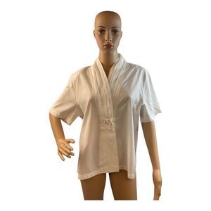 Vintage Lauren Lee White Semi Sheer Blouse Pleated Neckline Short Sleeve Size L